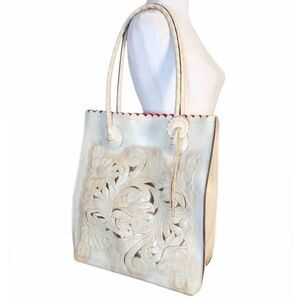 Patricia Nash Cavo off white tooled cutout burnished leather tote shoulder bag